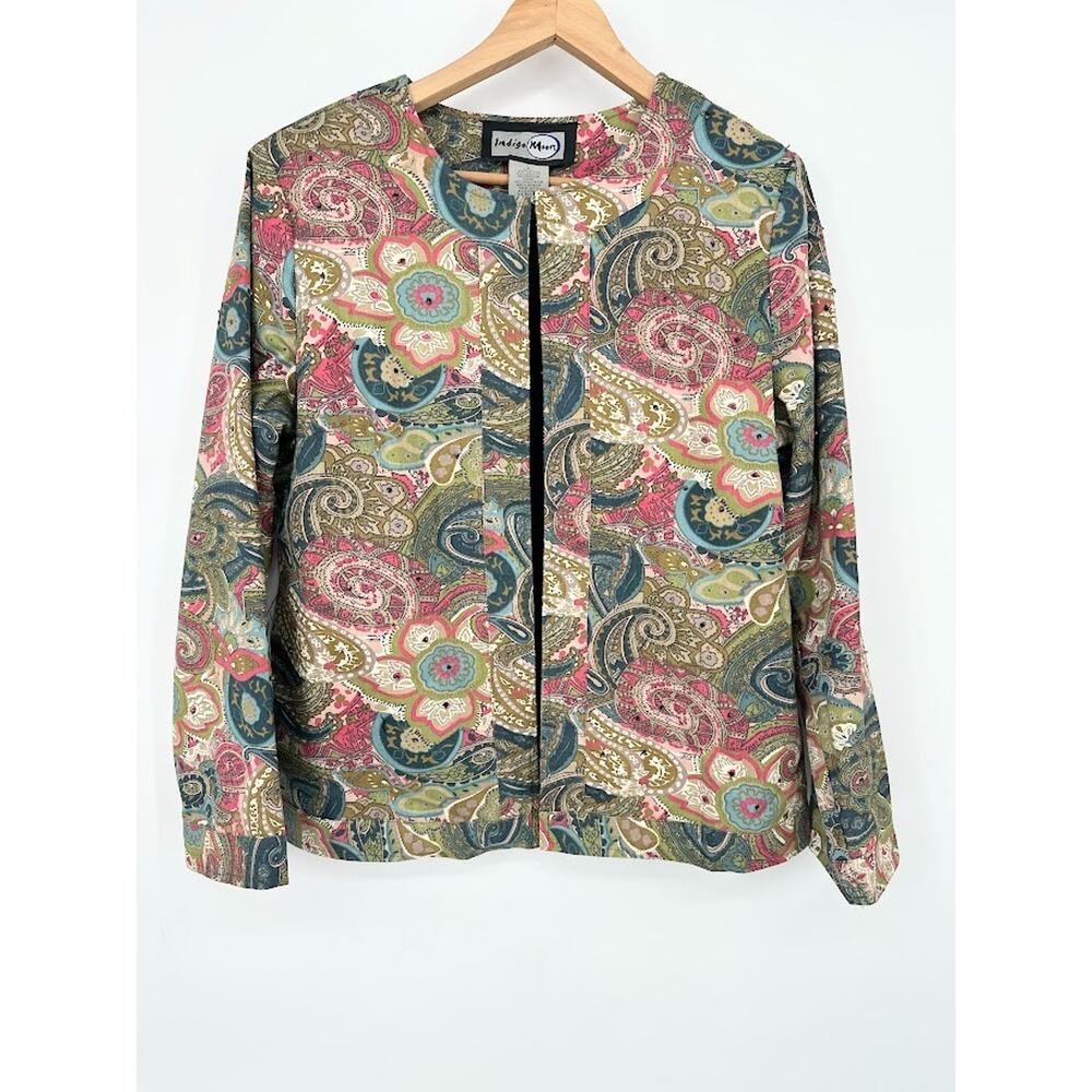 INDIGO MOON Embellished Beaded Boho Jacket Blazer Sz L Floral Paisley Art Artsy